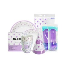 派對用線條圓點圖案餐具 丁香紫色 6入組, 1套