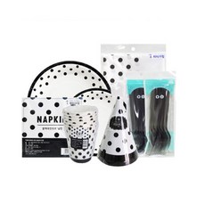 派對用線條圓點圖案餐具 黑色 6入組, 1套