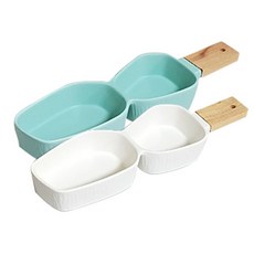 PUKO 木柄霧面雙格分享碗 C066, 白色, 綠色, 2件