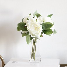 forhome Carafe玻璃花瓶 小 + 人造牡丹花束, 花瓶(透明), 人造花(象牙白), 1個