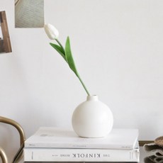 포홈 블랙앤화이트타원 화병 + 튤립 조화, 화병(화이트), 조화(아이보리), 1개