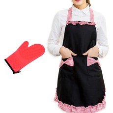 DM 섹시 레이스 코튼 앞치마 블랙 레드 + 실리콘 장갑 랜덤 발송, 혼합 색상, 1세트