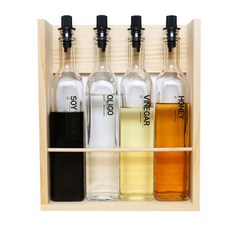 hand FACTORY 醬料瓶 L號 4入+密封瓶嘴 4入+木製置物架 L號 M+可愛字體分類標籤貼 24款, 1套