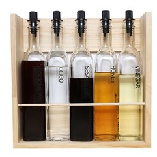 hand FACTORY 油瓶 L號 5入+油瓶塞嘴5入+木製收納架 L號+貼紙 24款, 1套