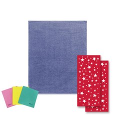 Songwol 松月 素色雙層純棉浴巾+星星圖案浴巾 紅色 2入+德國抹布 3入 隨機出貨, 深藍, 1套