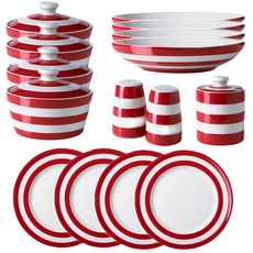 CORNISHWARE 紅色麵食餐具套組 4 D 15p, 1套, 意大利麵碗 4p + 黃油盤 4p + 蜂蜜罐 + 鹽瓶 + 胡椒瓶 + 早餐盤 4p