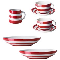 CORNISHWARE 線條印花餐盤杯碟組 紅色 7入, 2p 卡布奇諾杯 + 2p 碟 + 280ml 水壺 + 2p 意大利麵碗, 1套