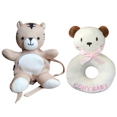 CONY BABY 動物玩偶包包+小熊玩偶搖鈴組 象牙白, 淺褐色