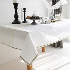 BYJIMI 金色鑲邊桌巾, 白色+金色蕾絲, 6人（200ⅹ110厘米）, 1入