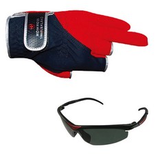 Moncross 三指切口釣魚手套 XL MGN-301R + 新韓光學 太陽眼鏡 SH7010, 手套(紅色), 太陽眼鏡(黑色煙燻), 1個