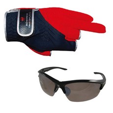Monk Cross 3段切斷釣魚手套 XL MGN-301R+新韓光學太陽眼鏡 SH7046, 手套（紅）、太陽鏡（黑棕銀塗層）