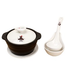 LKmade 韓式傳統雙耳陶瓷砂鍋+薑餅人印花鍋蓋組 S號+隔熱墊+湯匙架+湯匙, 5種, 1套