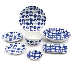 Kanesenoda Kamado早午餐餐具 7件組, 白+藍, 7種