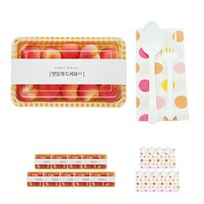 도나앤데코 피크닉 도시락용기 세트 옐로체크 소, 1세트, 용기 하단 10p + 상단 10p + 맛있게드세요 띠지 화이트 10p + 화이트스푼 10p + 포크 10p + 오렌지혼합 냅킨 10p