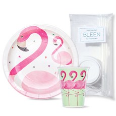 BLEEN 叢林派對 紅鶴 紙盤 180mm 10入 + 紙杯 8oz 10入 + 吸管 10入 + 杯蓋 10入, 1套