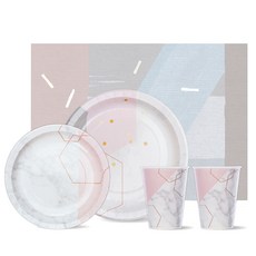 BLEEN 粉紅大理石紙盤 230mm 10入 + 180mm 10入 + 紙杯 8oz 20入 + 粉彩微風餐墊 400 x 290 mm 24入, 1套
