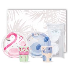 BLEEN 紙盤 叢林派對 紅鶴 180mm 10入 + 大象 180mm 10入 + 紙杯 8oz 紅鶴 10入 + 大象 10入 + 綠葉風 餐墊 400 x 290 mm 24入 + 吸管 20入 + 杯蓋 20入, 1套