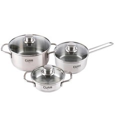CUAN 單柄+雙耳不鏽鋼湯鍋+玻璃鍋蓋 3件組, 淺湯鍋14cm+單柄鍋16cm+雙耳鍋20cm, 單色