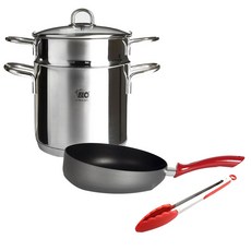 Elo TVS義大利麵鍋+ELO義大利麵鍋+矽膠夾 XD-1421, 紅色, 平底鍋 26cm+鍋子 20cm+夾子