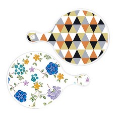 Roem Design 托盤砧板 2件組 橘色V形圖案圓形板 套組, 橘色V形圖案圓形板, 浪漫藍色花卉白色圓形板, 1套