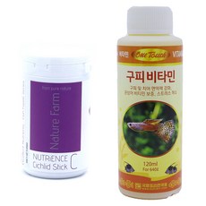 네이쳐팜 뉴트리언스 시클리드 스틱 관상어 사료 250ml + 원터치 구피 비타민 120ml 세트, 1세트