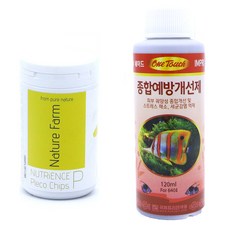 네이쳐팜 뉴트리언스 플레코 칩 관상어 사료 250ml + 원터치 종합 예방 개선제 120ml 세트, 1세트