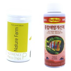 네이쳐팜 뉴트리언스 플레코 칩 관상어 사료 1L + 원터치 종합 예방 개선제 120ml 세트, 1세트