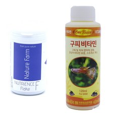 네이쳐팜 뉴트리언스 플레이크 관상어 사료 250ml + 원터치 구피 비타민 120ml 세트, 1세트