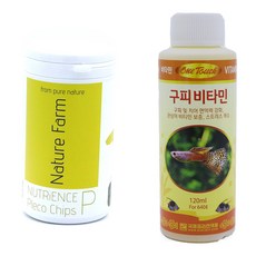 네이쳐팜 뉴트리언스 플레코 칩 관상어 사료 1L + 원터치 구피 비타민 120ml 세트, 1세트