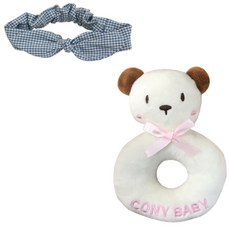 코니베이비 신생아 헤어밴드 딸랑이 2종세트, 헤어밴드(블루체크), 딸랑이(곰), 1개
