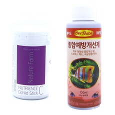 네이쳐팜 뉴트리언스 시클리드 스틱 관상어 사료 250ml + 원터치 종합 예방 개선제 120ml 세트, 1세트