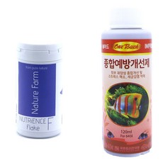 네이쳐팜 뉴트리언스 플레이크 관상어 사료 100ml + 원터치 종합 예방 개선제 120ml 세트, 1세트