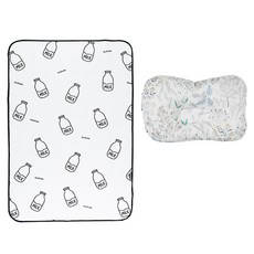 AGADDONG 防水保潔墊 L號+兒童用舒適枕頭, 牛奶款+花草款