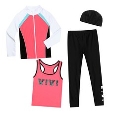 ST.HOLIDAY 女童拉鍊防磨上衣 + 九分水上緊身褲 + 無袖上衣 + 泳帽套裝 ST817