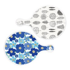 Roem Design 圓形上菜板 木質線條藝術 + 碧藍色花朵, 混合顏色, 1套