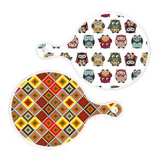 Roem Design 可愛貓頭鷹圓形上菜砧板 2件組, 可愛貓頭鷹, 格紋線條鑽石, 1套