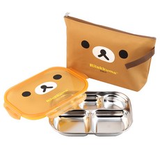 Rilakkuma 不鏽鋼餐盤+便當袋組, 拉拉熊, 餐盤+蓋子+收納袋