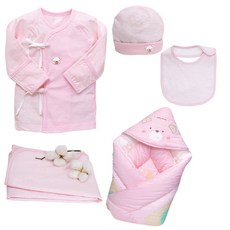 BabyBoom 女嬰條紋刺繡肚衣+包巾+帽子+圍兜+外出包巾彌月禮盒