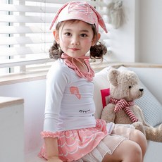 JOY MULTI 女童款衝浪兔子圖案長袖上衣+褲裙+綁帶泳帽3件套組