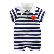 JOY MULTI 新生兒愛心印花條紋有領短袖包屁衣