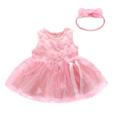 Mom's care 女童蕾絲無袖蓬蓬連身裙+蝴蝶結髮帶