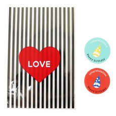 黑色條紋愛心圖愛包裝袋 30人+詩日快樂圖案印花貼紙 30入, 1套
