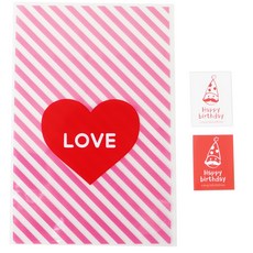 心形斜紋圖案餅乾包裝袋 粉紅色 30入+方形生日快樂圖案貼紙 30入, 1套