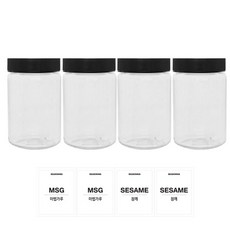 병도매닷컴 투명 PET 양념통 원형 검정캡 세트, 1세트, 양념통 250ml x 4p + 스티커 마법가루 2p + 참깨 2p