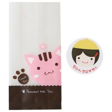 貓咪包裝袋 100入+黃帽女孩圓形裝飾貼紙 100入, 1套