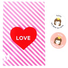 愛心條紋包裝袋 粉色 30入+皇冠女孩韓文貼紙 30入, 1套