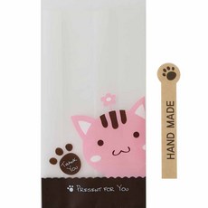 貓咪圖案包裝袋 100入+手工製作文字貼紙 100入, 1套