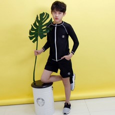 男童拉鍊式長袖防曬泳衣+短泳褲套裝
