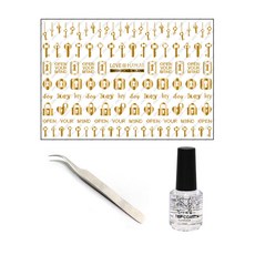 Love Nail Key 金色水貼花套組, 水貼 + 鑷子 + 面漆 15ml, 1套