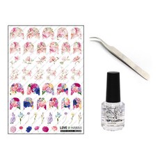愛指甲花水貼花套組, 水貼 + 鑷子 + 面漆 15ml, 1套